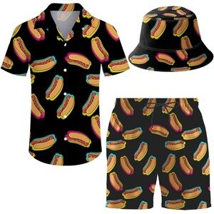 Hot Dog Print Shirt, Shorts, and Bucket Hat Set Men’s Medium